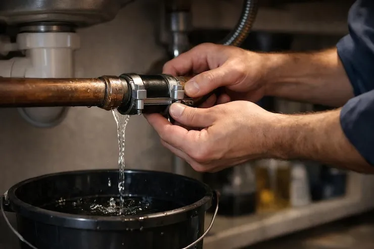 TK Plumbing plumber fixing leaky faucet in Sarasota home